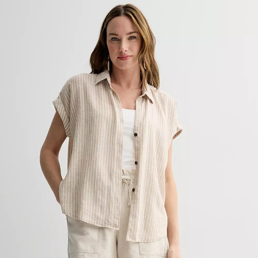 Women's Sonoma Goods For Life® Camp Shirt, Size: Medium, Small Beige Stripe Product Image