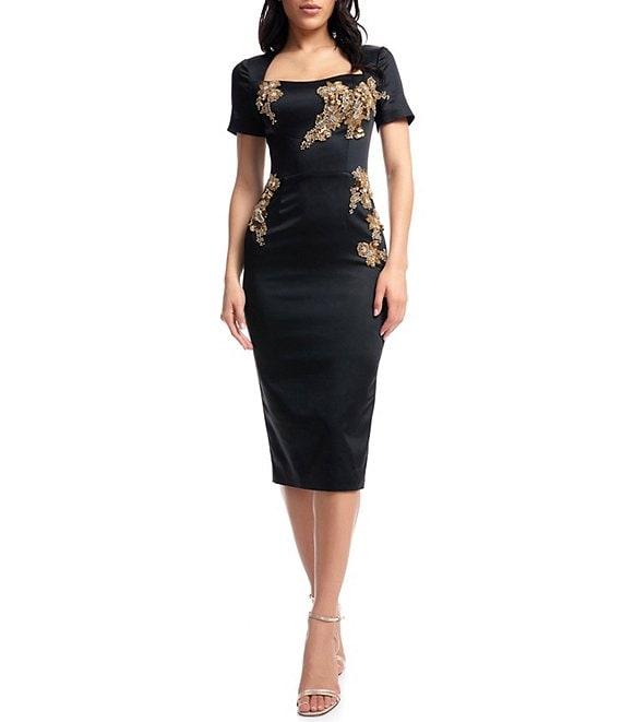 Dress the Population Terri Sequin Square Neck Short Sleeve Midi Bodycon Dress Product Image