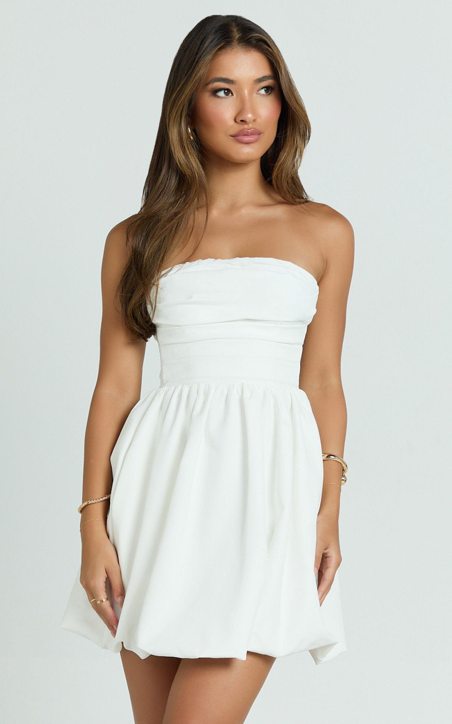 Shaima Mini Dress - Strapless Bubble Hem Dress in White Product Image