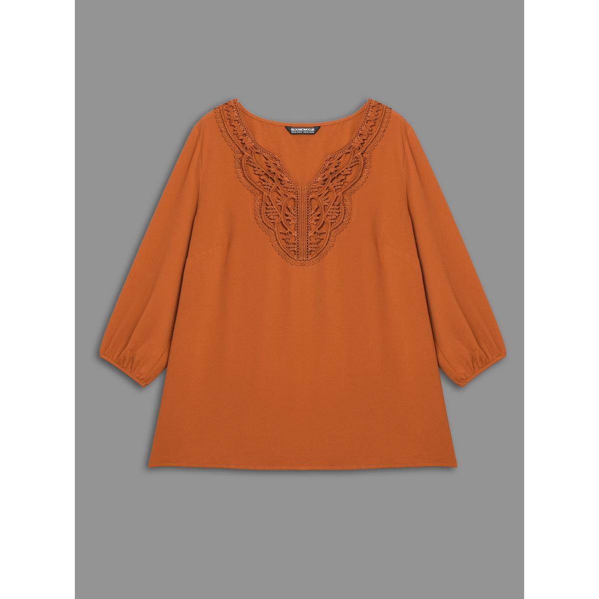 Plus Size Rust Notched Lace Trim Gathered Blouse Women Elegant Extra Long Sleeve Flat collar with V-notch Everyday Blouses BloomChic 30/6X Product Image