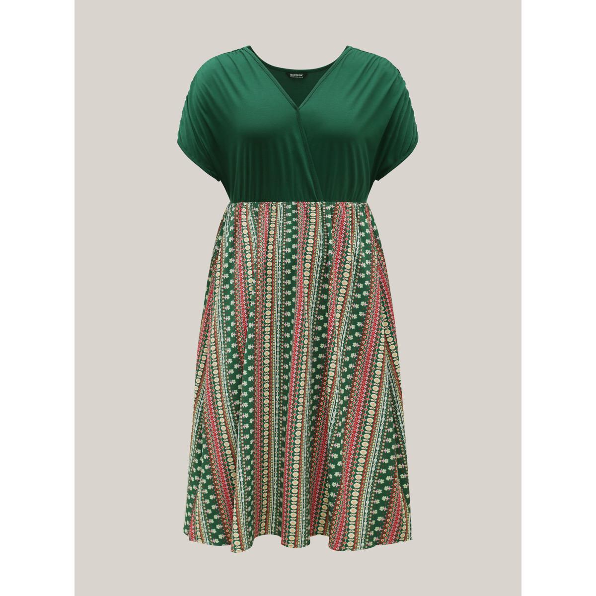Plus Size Boho Stripes Spliced Ruched Sleeve Midi Dress Truegreen Women Gathered Overlap Collar Short sleeve Curvy BloomChic 18-20/2X Product Image