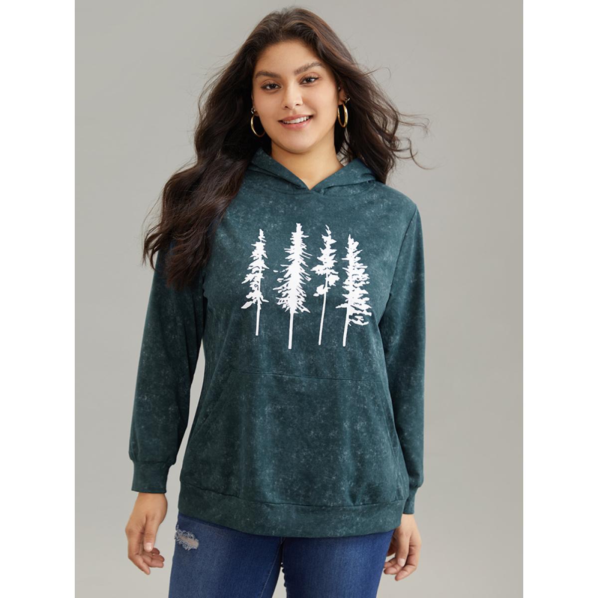 Plus Size Vintage Forest Print Kangaroo Pocket Sweatshirt Women Cyan Casual Printed Dailywear Sweatshirts BloomChic 12/L Product Image