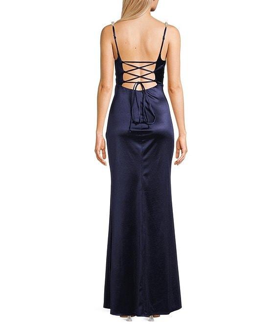 Honey and Rosie Sweetheart Neck Pearl Trim Spaghetti Strap Lace Back Bodice Pleated Envelope Front Gown Product Image