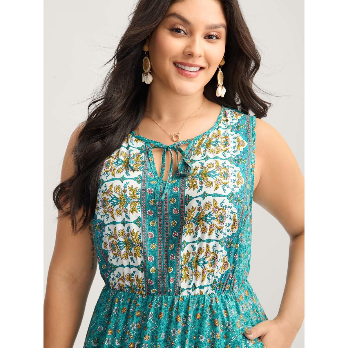 Plus Size Rayon Neck Cut-Out Ties Midi Dress Teal Women Tie knot Flat collar with V-notch Sleeveless Curvy BloomChic 12/L Product Image