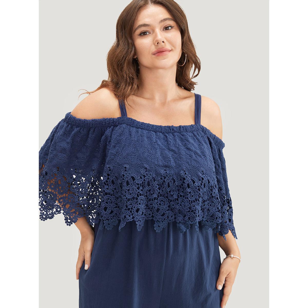 Plus Size Navy Plain Lace Trim Pocket Cold Shoulder Jumpsuit Women Elegant Short sleeve Cold Shoulder Dailywear Loose Jumpsuits BloomChic 12/L Product Image