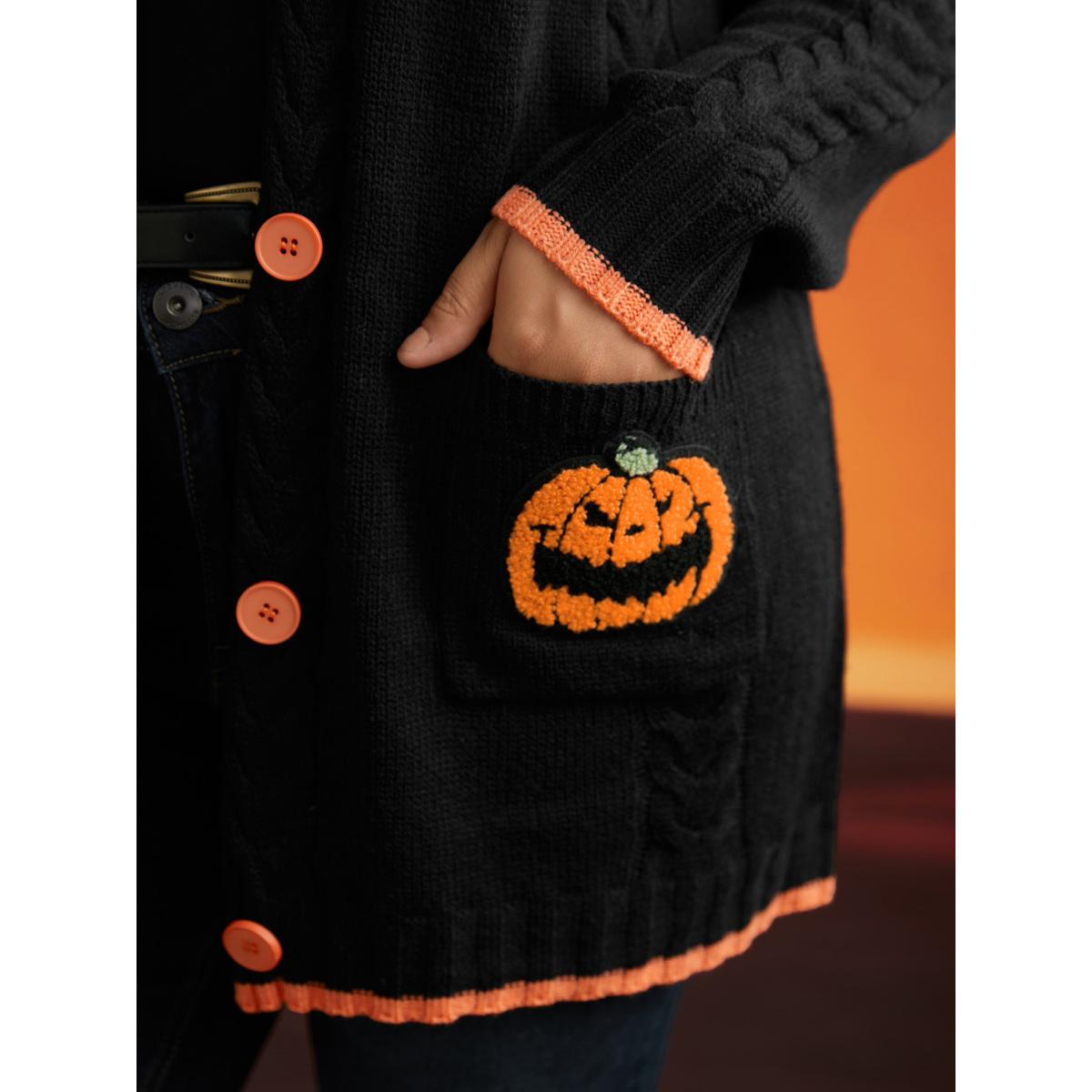 Plus Size Pumpkin Pocket Embroidered Contrasting Cardigan - For Halloween Black Women Casual Loose Long Sleeve Everyday Cardigans BloomChic 14-16/1X Product Image