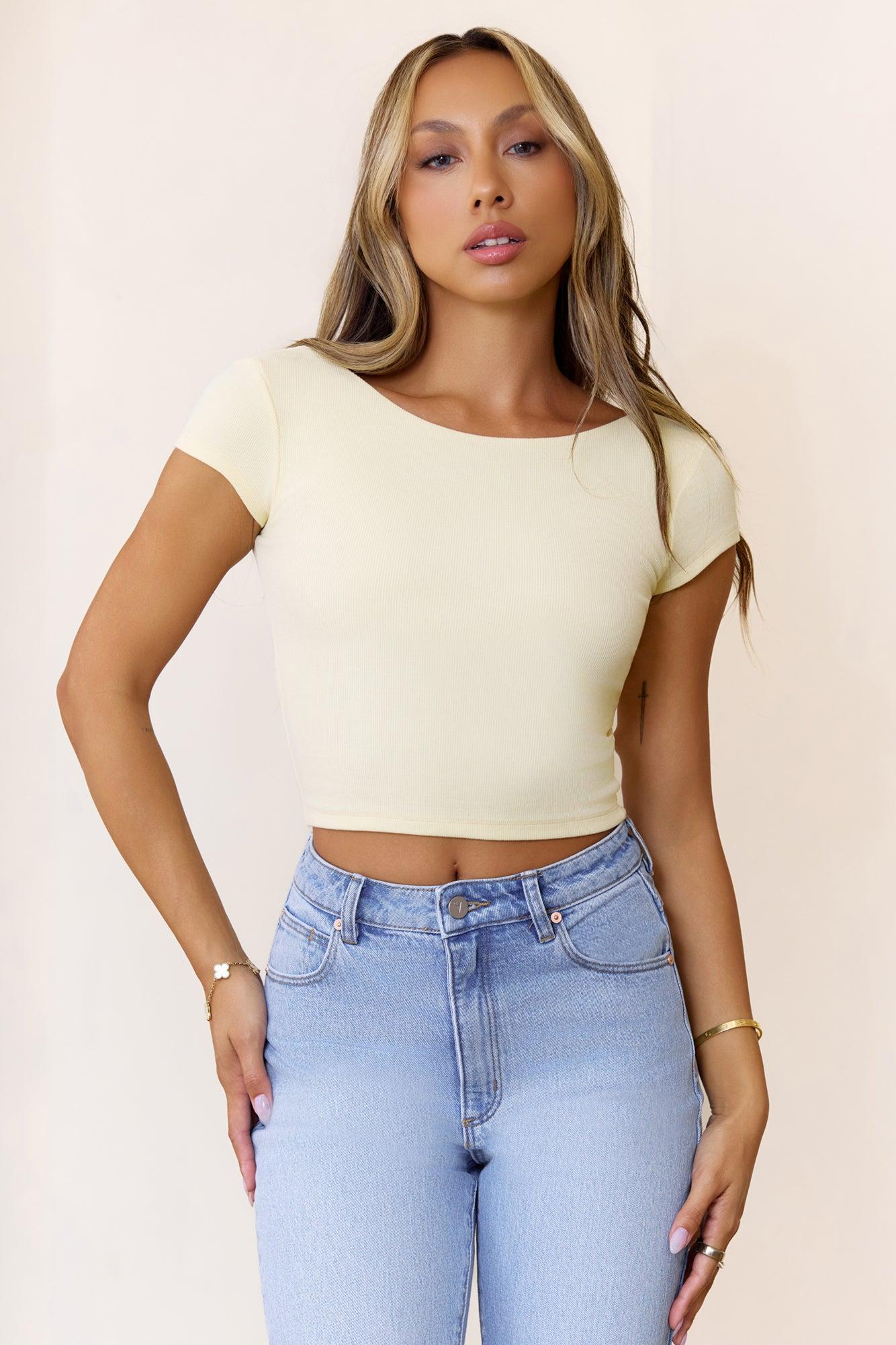 BASE Luxe Rib Scoop Back Tee Yellow Product Image