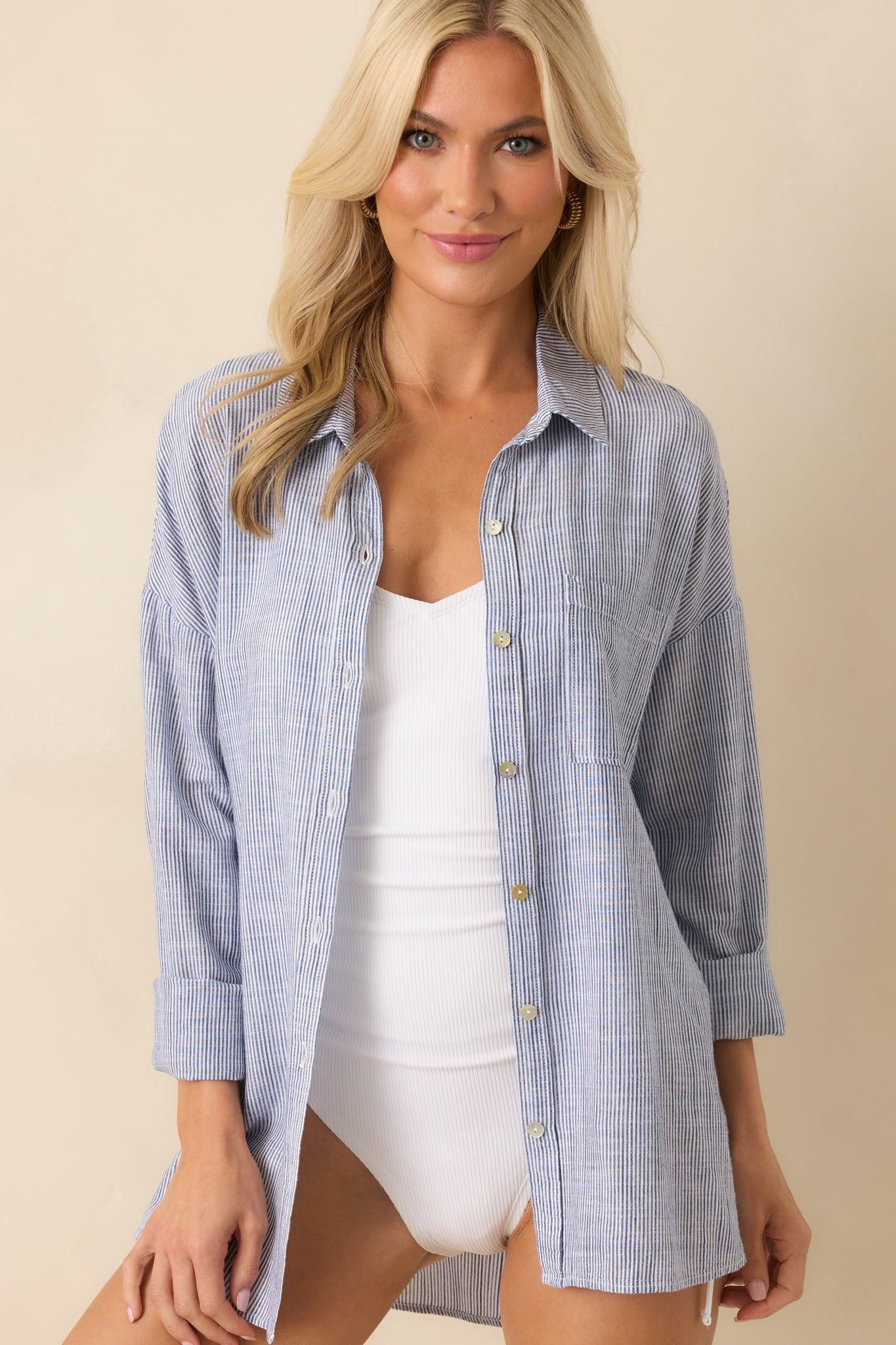 What Do You Mean Blue Stripe Linen Blend Button Front Top Product Image