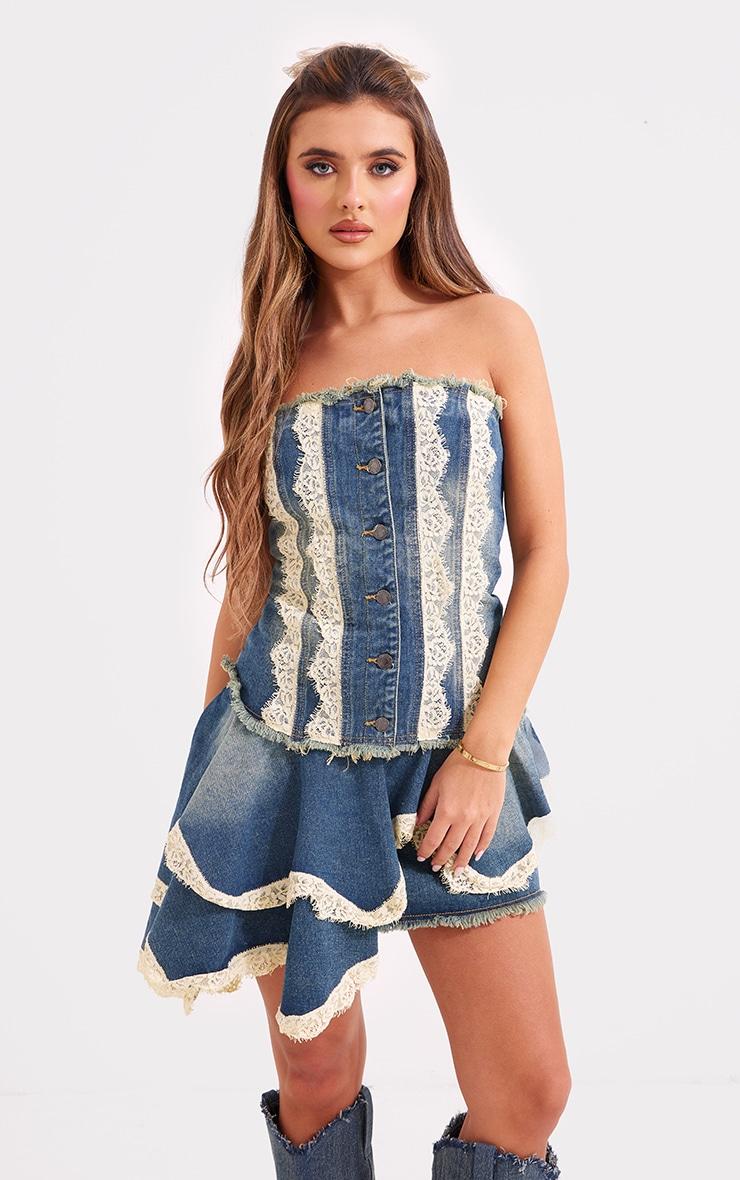 Mid Blue Wash Lace Trim Freyed Edge Denim Skater Skirt Product Image