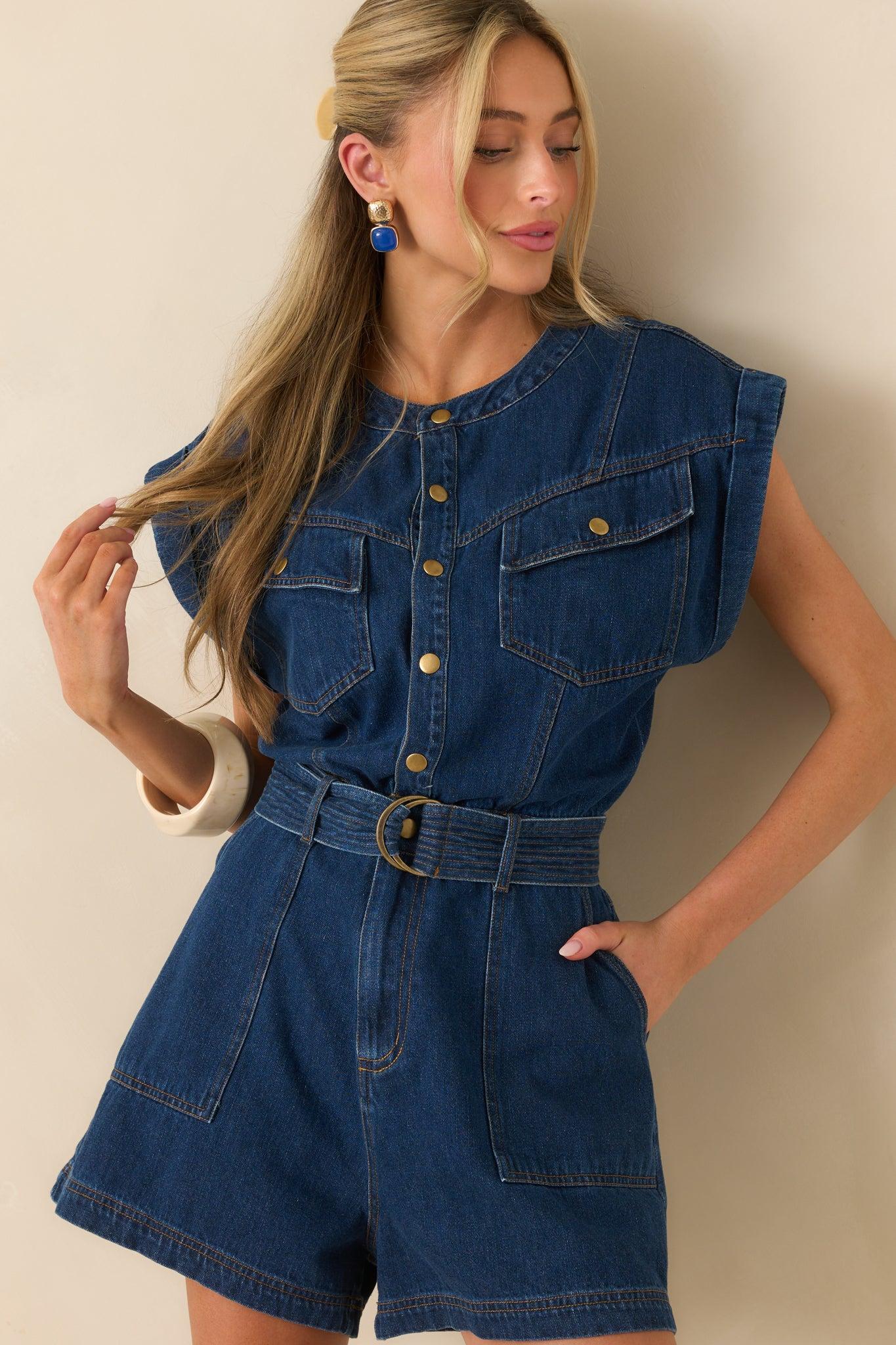 The Road Less Traveled Dark Wash Denim Romper Product Image