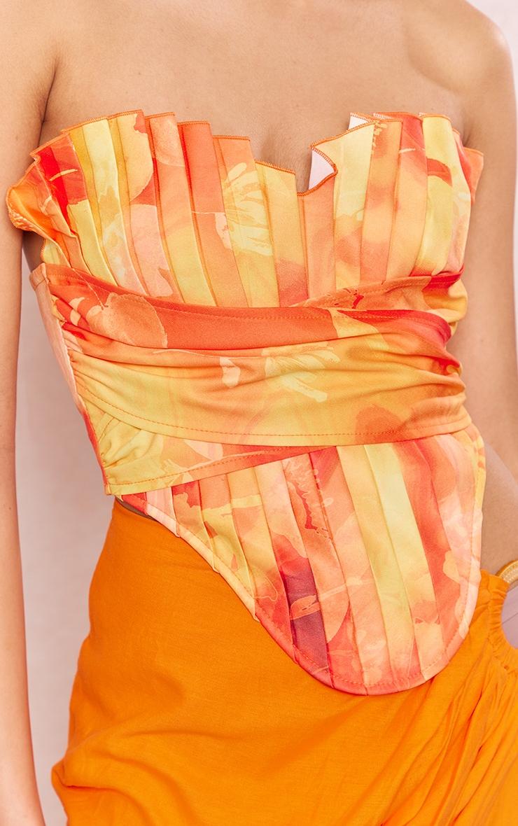 Orange Floral Print Woven Pleated Drape Front Corset Product Image