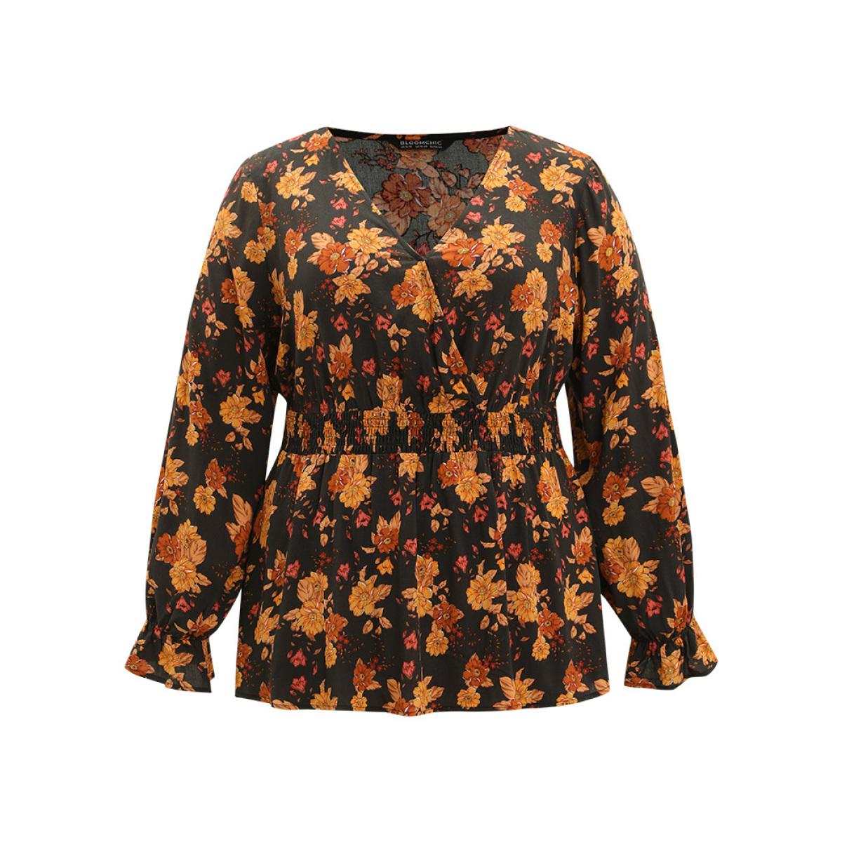 Plus Size Indigo Floral Print Wrap Shirred Lantern Sleeve Blouse Women Vacation Long Sleeve V-neck Dailywear Blouses BloomChic 26/4X Product Image