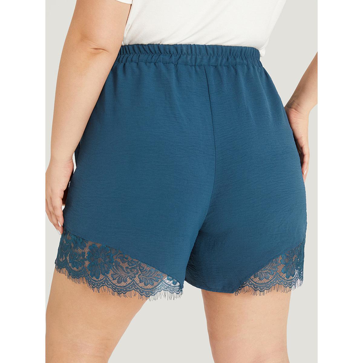 Plus Size Solid Pocket Lace Insert Elastic Waist Shorts Women Aegean Casual Patchwork Dailywear Shorts BloomChic 12/L Product Image