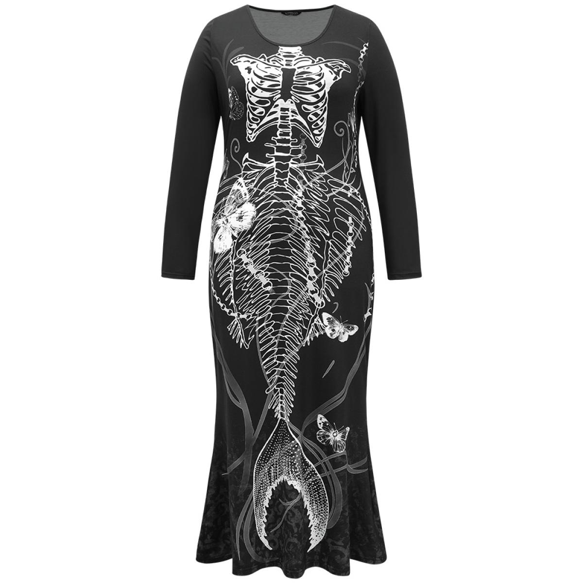 Plus Size Halloween Skull Print Mermaid Hem Dress Black Women Elegant Printed Round Neck Long Sleeve Curvy Long Dress BloomChic 14-16/1X Product Image