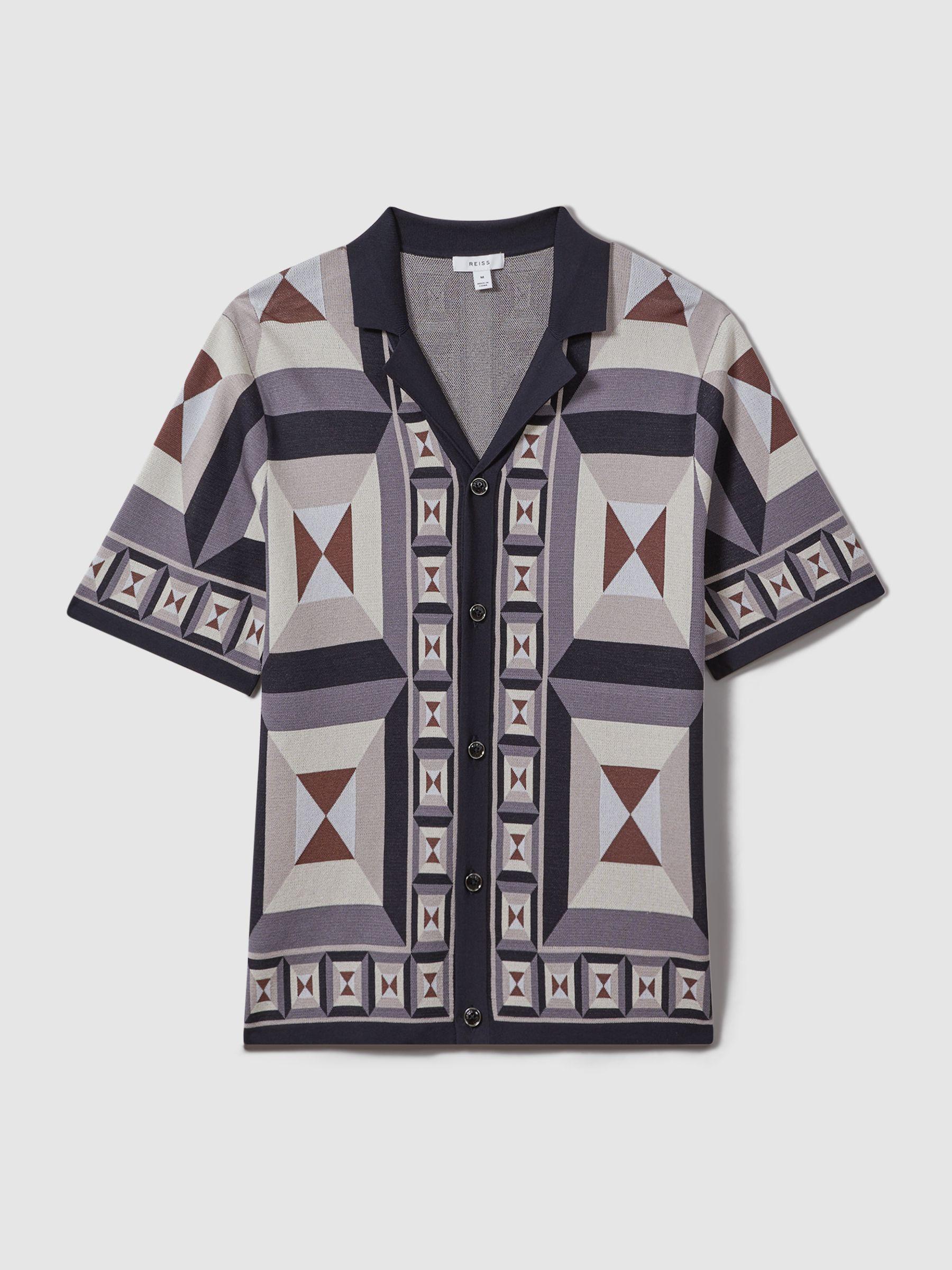 Knitted Cuban Collar Shirt in Blue Multi Product Image