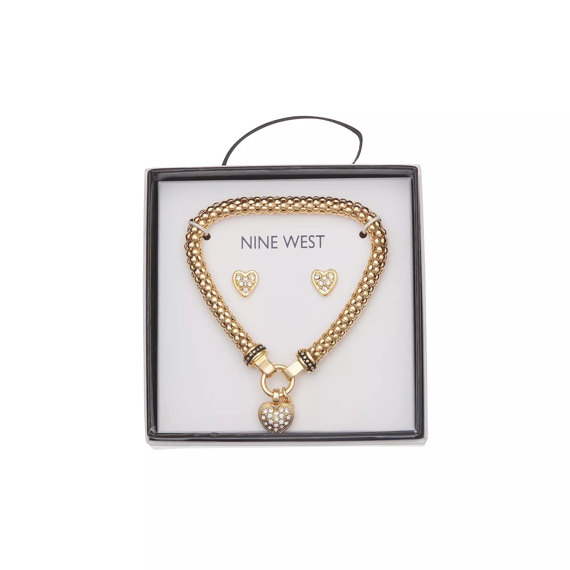 Nine West Pave Heart Bracelet & Stud Earring Set, Women's, Gold Tone Product Image