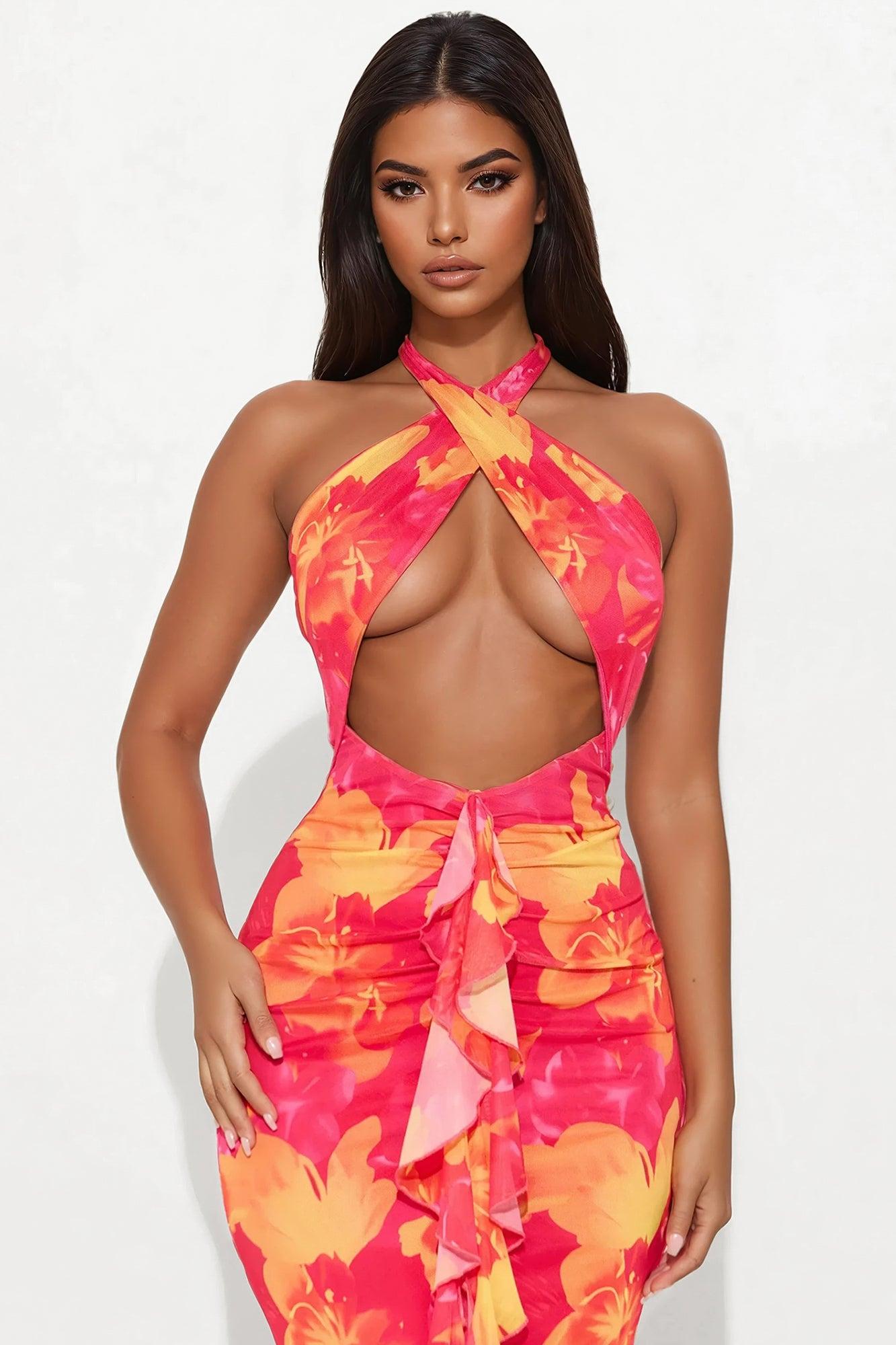 Beat The Heat Mesh Maxi Dress - Hot Pink/combo Product Image