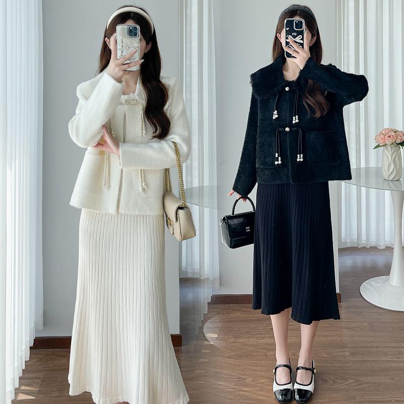 Maternity Frog Buttoned Jacket / Spaghetti Strap Knit Pleated Midi A-Line Dress / Set Product Image