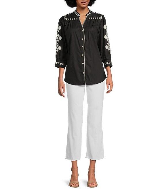 Calessa Embroidered Split V-Neck 3/4 Sleeve Button-Front Tunic Product Image