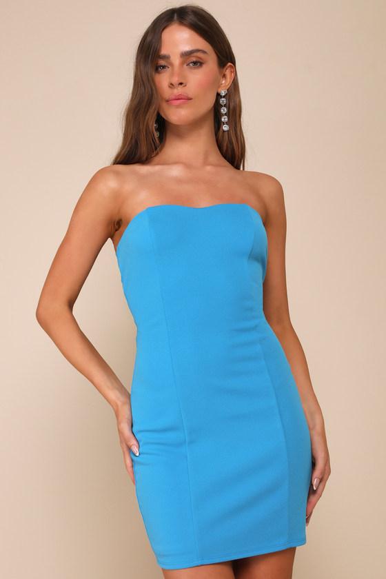 Bright Aesthetic Blue Strapless Cutout Bodycon Mini Dress Product Image