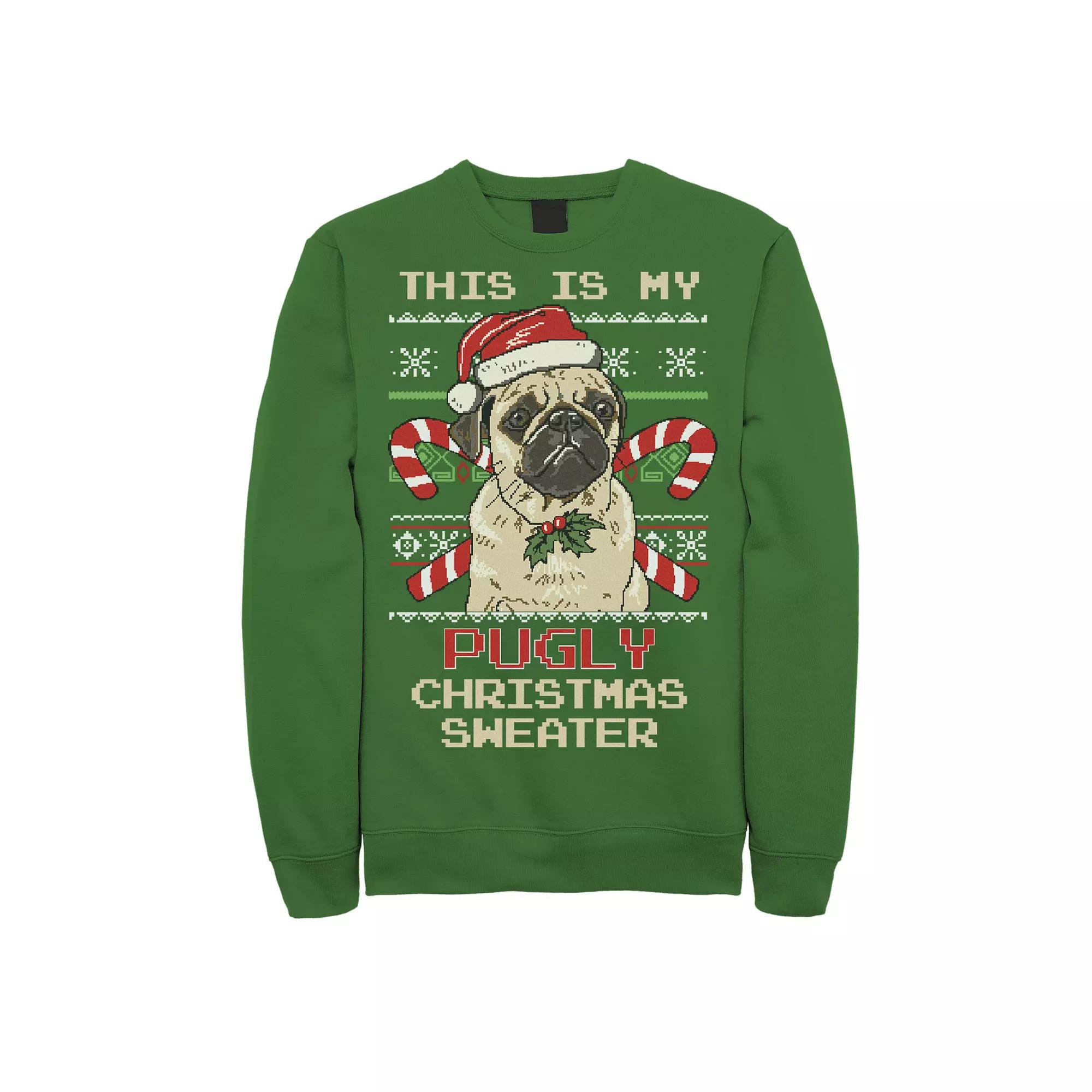 Men's Ugly Christmas Sweater Pug Candy Cane Graphic Fleece Pullover, Size: XL, Kelly Product Image