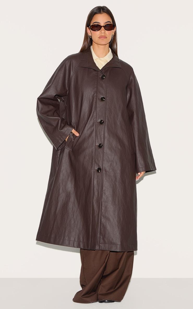 Brown Funnel Neck Faux Leather Trench Coat Product Image