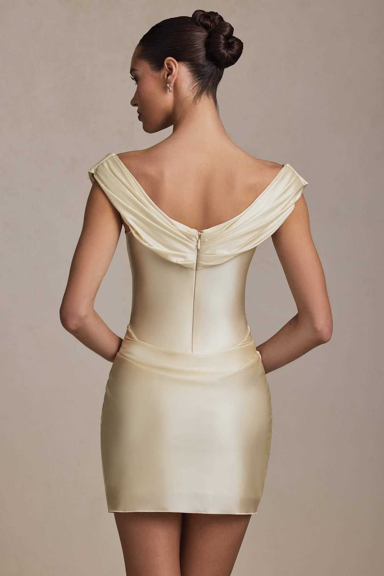 Off-Shoulder Draped Mini Dress in Ivory Product Image