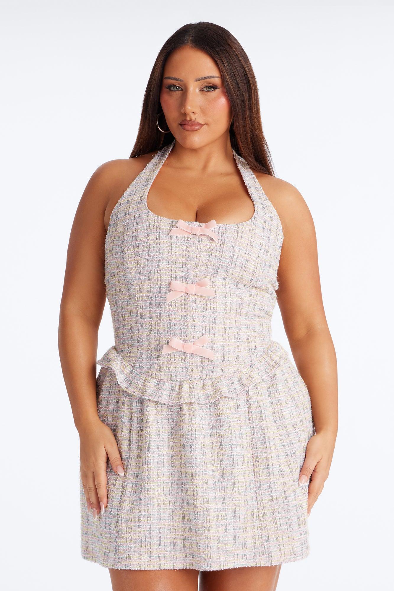 Tessa Bow Tweed Mini Dress - Pink/combo Female Product Image