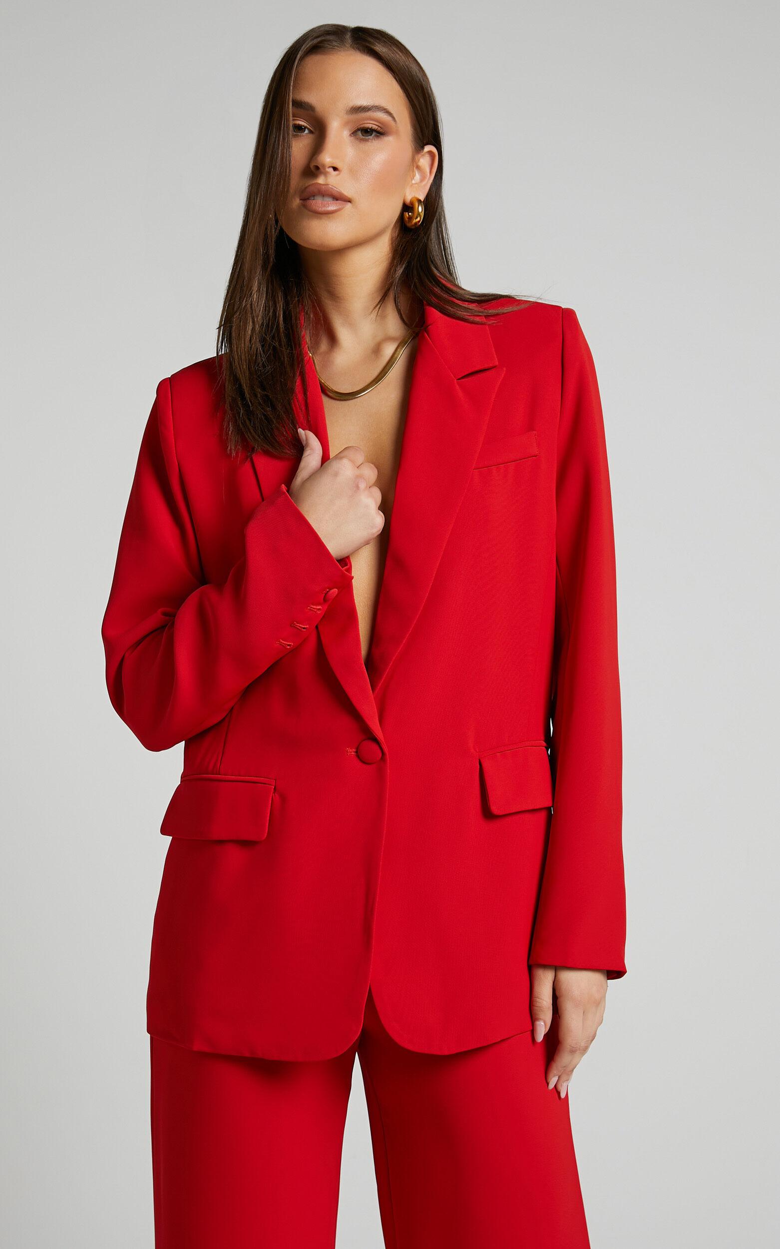 Michelle Blazer - Oversized Plunge Neck Button Up Blazer in Red Product Image