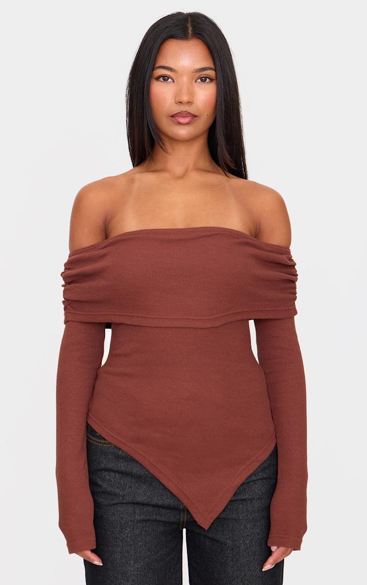 Chocolate Fold Over Bardot Dipped Hem Long Top Product Image