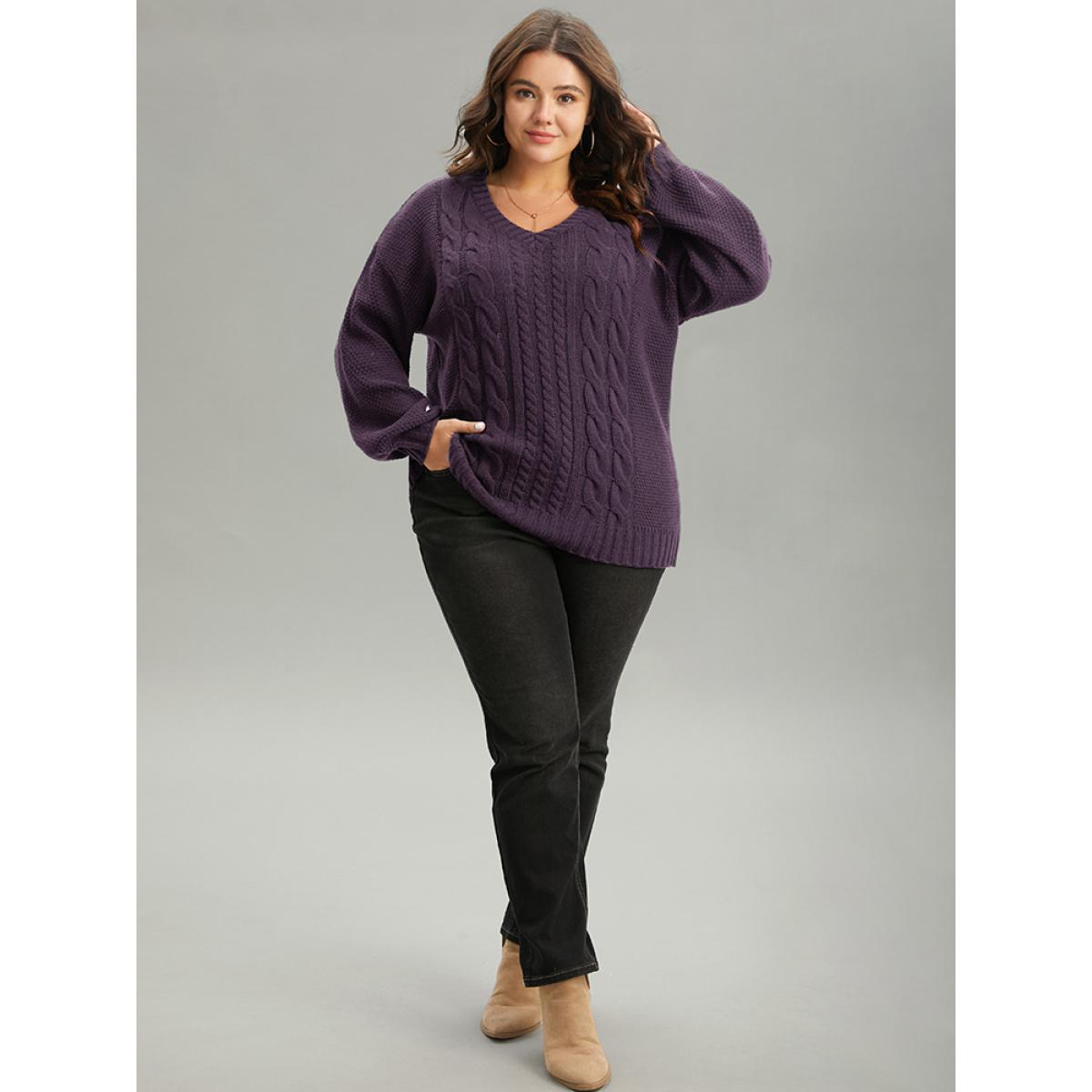 Plus Size Solid Cable Knit V Neck Elastic Cuffs Pullover Eggplant Women Casual Loose Long Sleeve V-neck Everyday Pullovers BloomChic 12/L Product Image