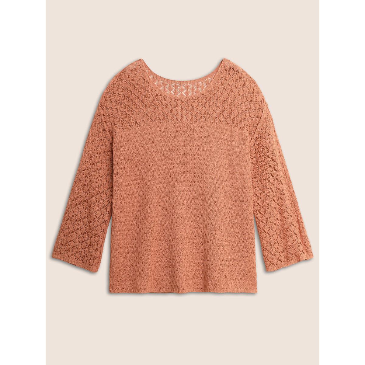 Plus Size Texture Plain Cut Out Pullover Coral Women Casual Long Sleeve Round Neck Everyday Pullovers BloomChic 10/M Product Image