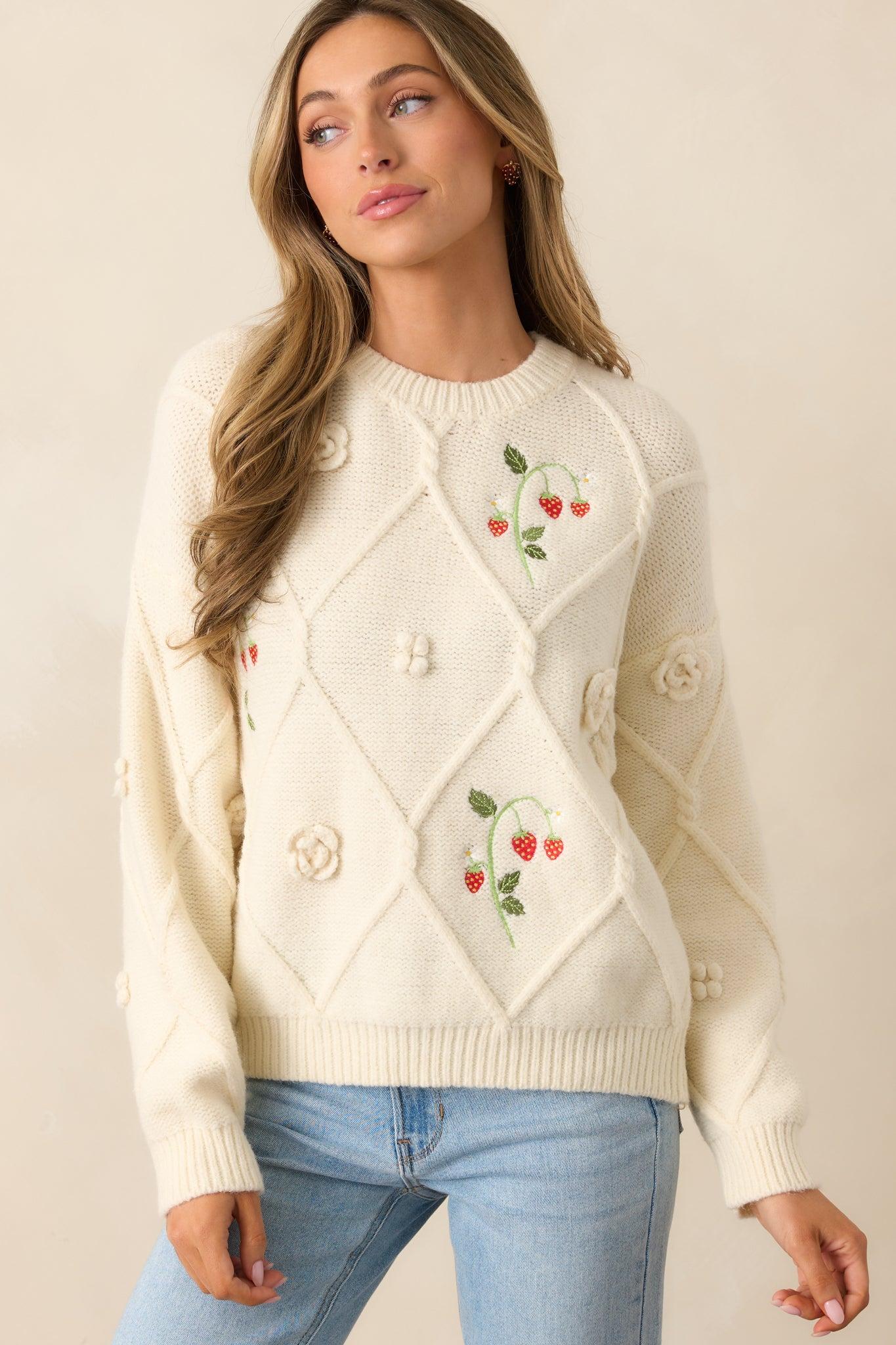 Berry Breeze Ivory Embroidered Sweater Product Image