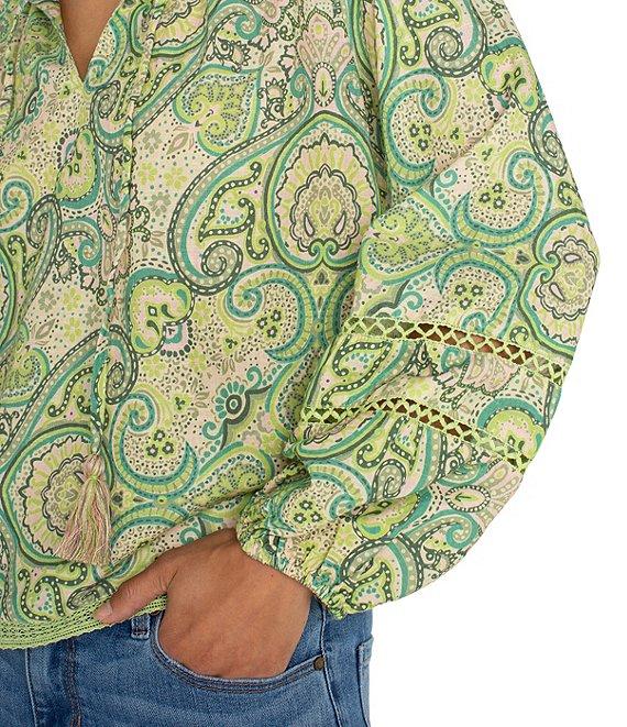 Liverpool Los Angeles Woven Paisley Print V-Neck Long Sleeve Shirred Blouse Product Image