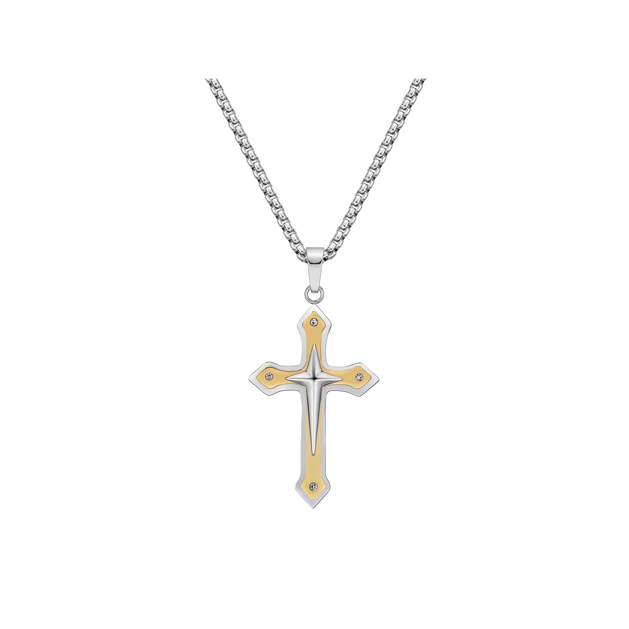 LYNX Men's Gold Tone Ion-Plated Stainless Steel Cross Pendant Necklace, Size: 24", Two Tone Product Image