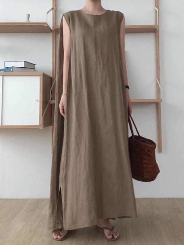 Casual Simple Solid Color Split-Side Round-Neck Sleeveless Midi Dress Product Image
