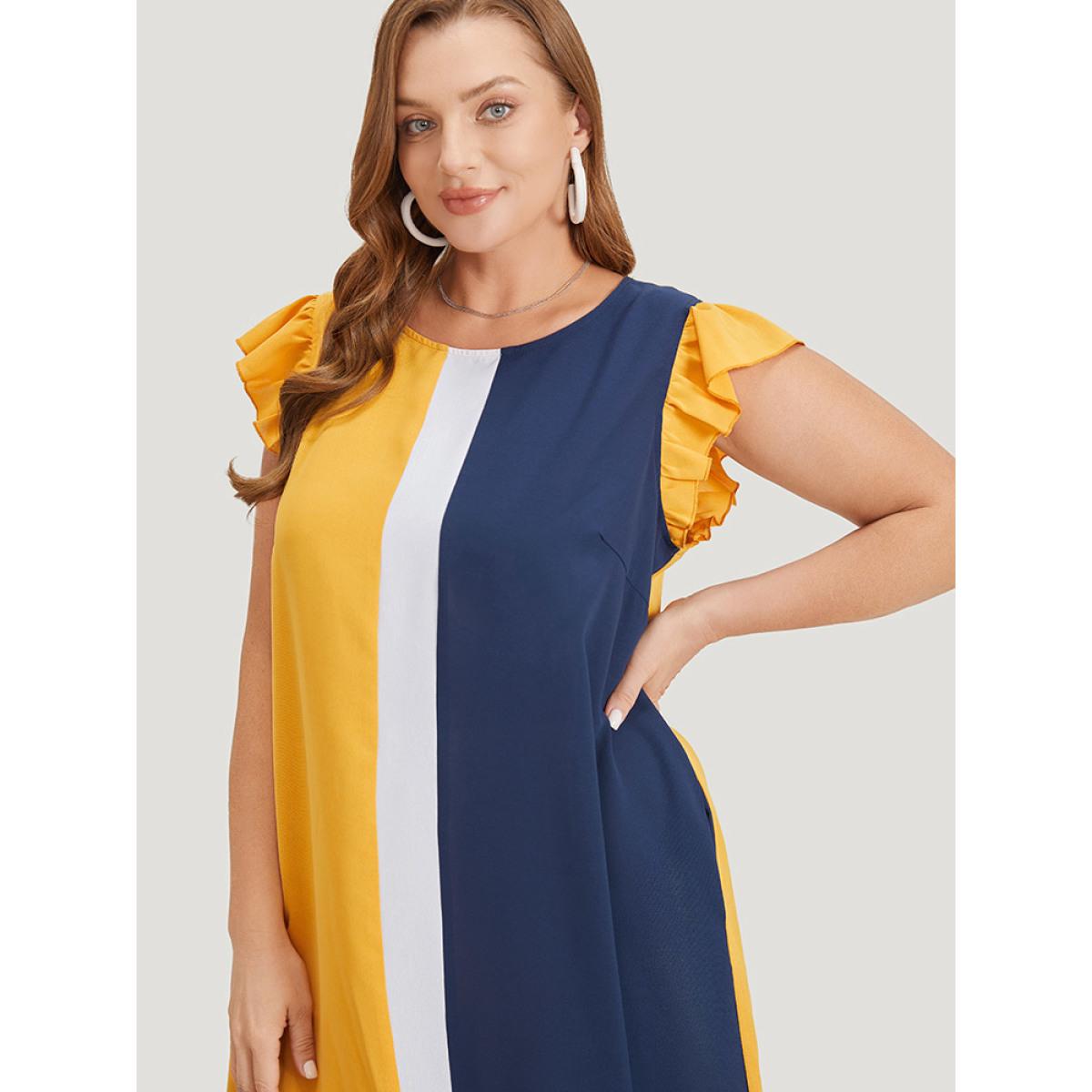 Plus Size Contrast Patchwork Pocket Ruffle Cap Sleeve Dress Multicolor Women Office Contrast Round Neck Cap Sleeve Curvy Knee Dress BloomChic 30/6X Product Image