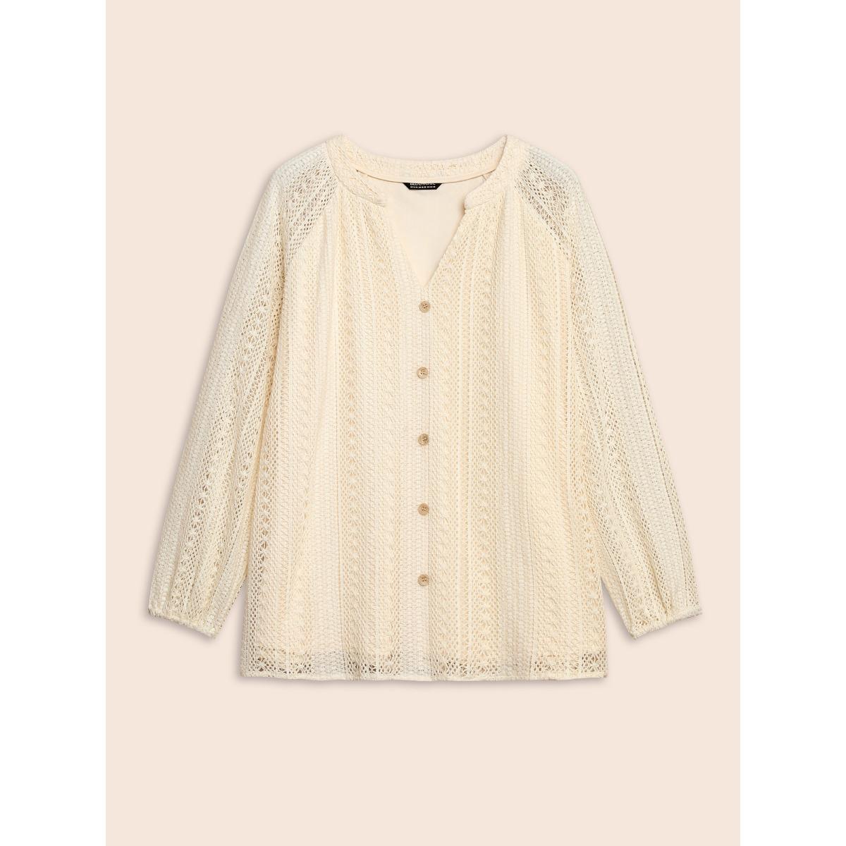 Plus Size Beige Notched Crochet Lace Raglan Sleeve Blouse Women Resort Long Sleeve Notched collar Vacation Blouses BloomChic 10/M Product Image