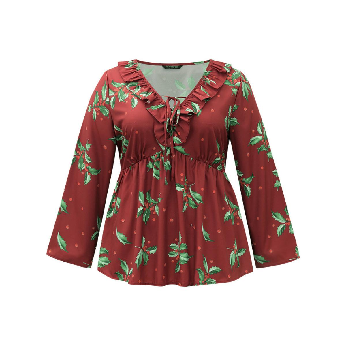 Plus Size Scarlet Plants Print Knot Neck Flutter Trim Blouse Women Elegant Long Sleeve V-neck Festival-Christmas Blouses BloomChic 22-24/3X Product Image