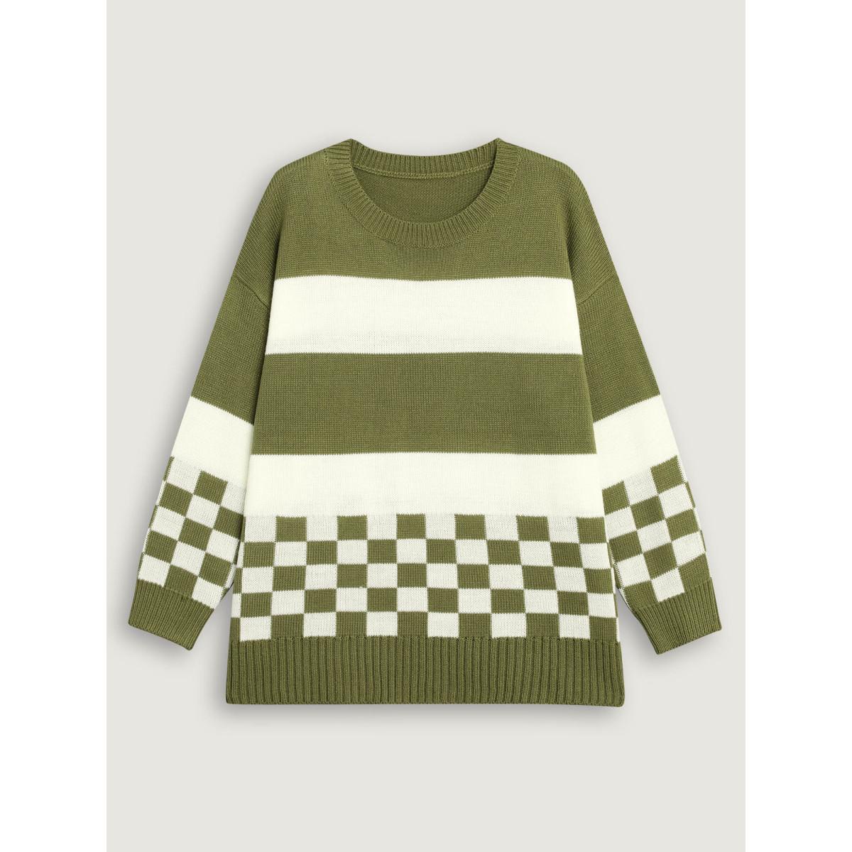 Plus Size Colorblock Contrast Round Neck Split Hem Pullover Moss Women Casual Loose Long Sleeve Round Neck Everyday Pullovers BloomChic 14-16/1X Product Image