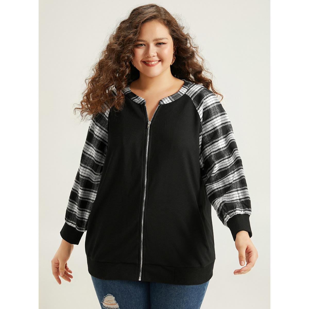 Plus Size Plaid Patchwork Pocket Zipper Fly Jacket Women Black Elastic cuffs Pocket Dailywear Jackets BloomChic 14-16/1X Product Image