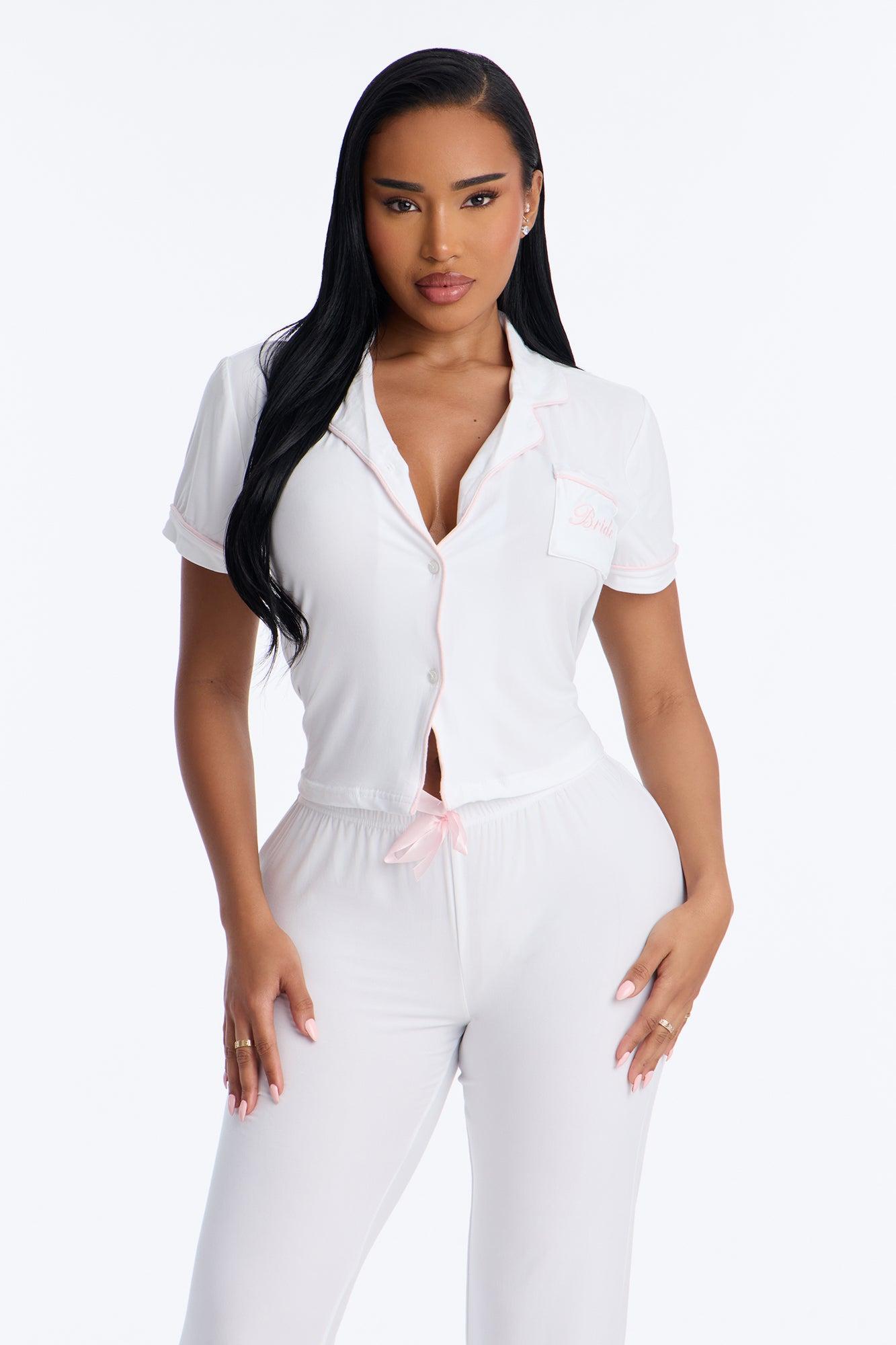 Bride Time Notch Collar PJ Pant Set - White/Pink Female Product Image
