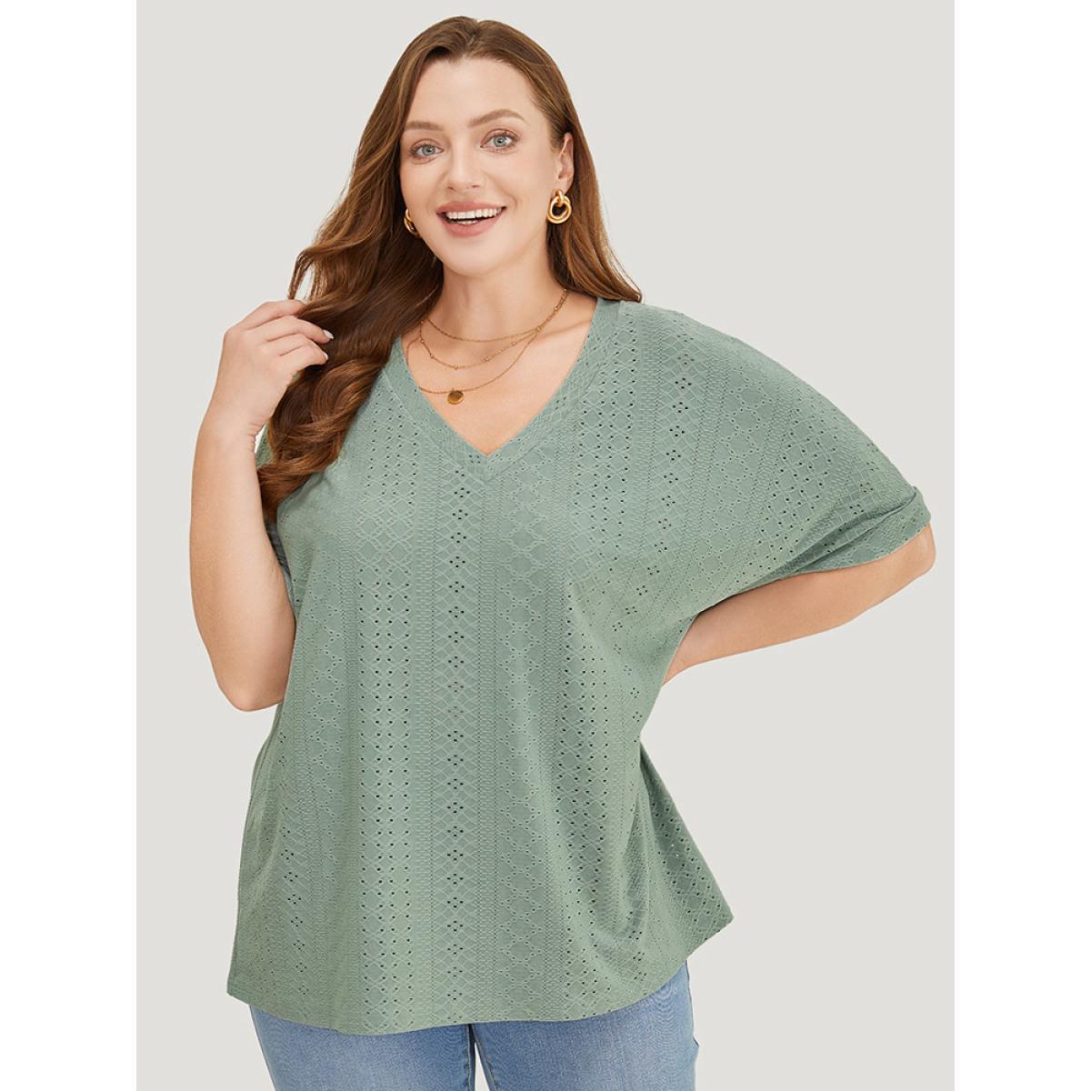 Plus Size Plain Roll Sleeve Broderie Anglaise T-shirt Sage Women Casual Broderie anglaise Plain V-neck Dailywear T-shirts BloomChic 10/M Product Image