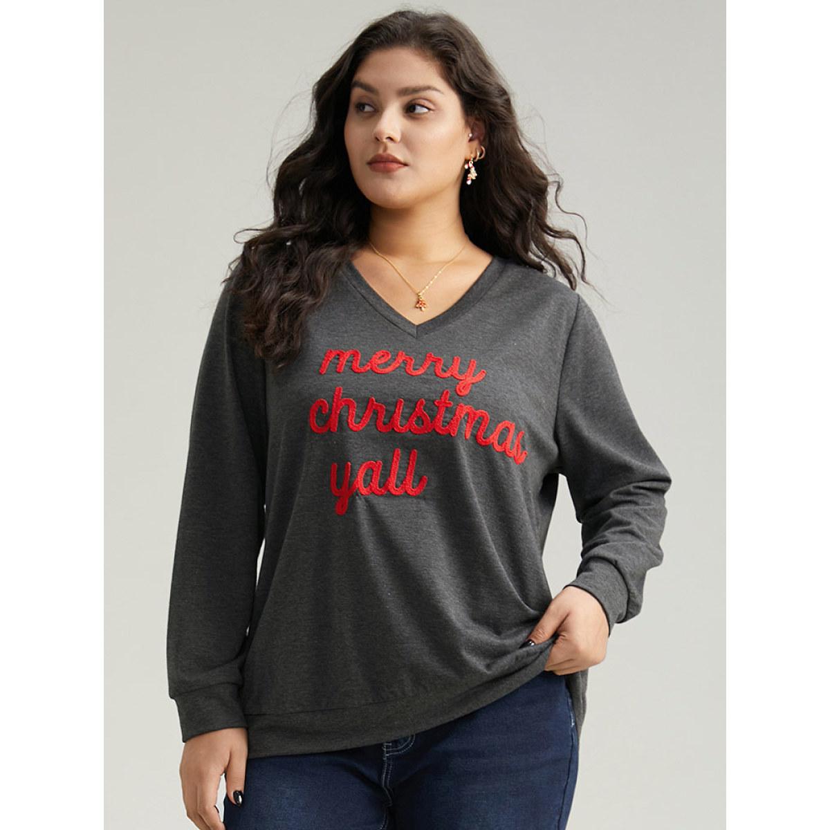 Plus Size Christmas Letter V Neck Sweatshirt Women DimGray Casual Contrast Festival-Christmas Sweatshirts BloomChic 10/M Product Image