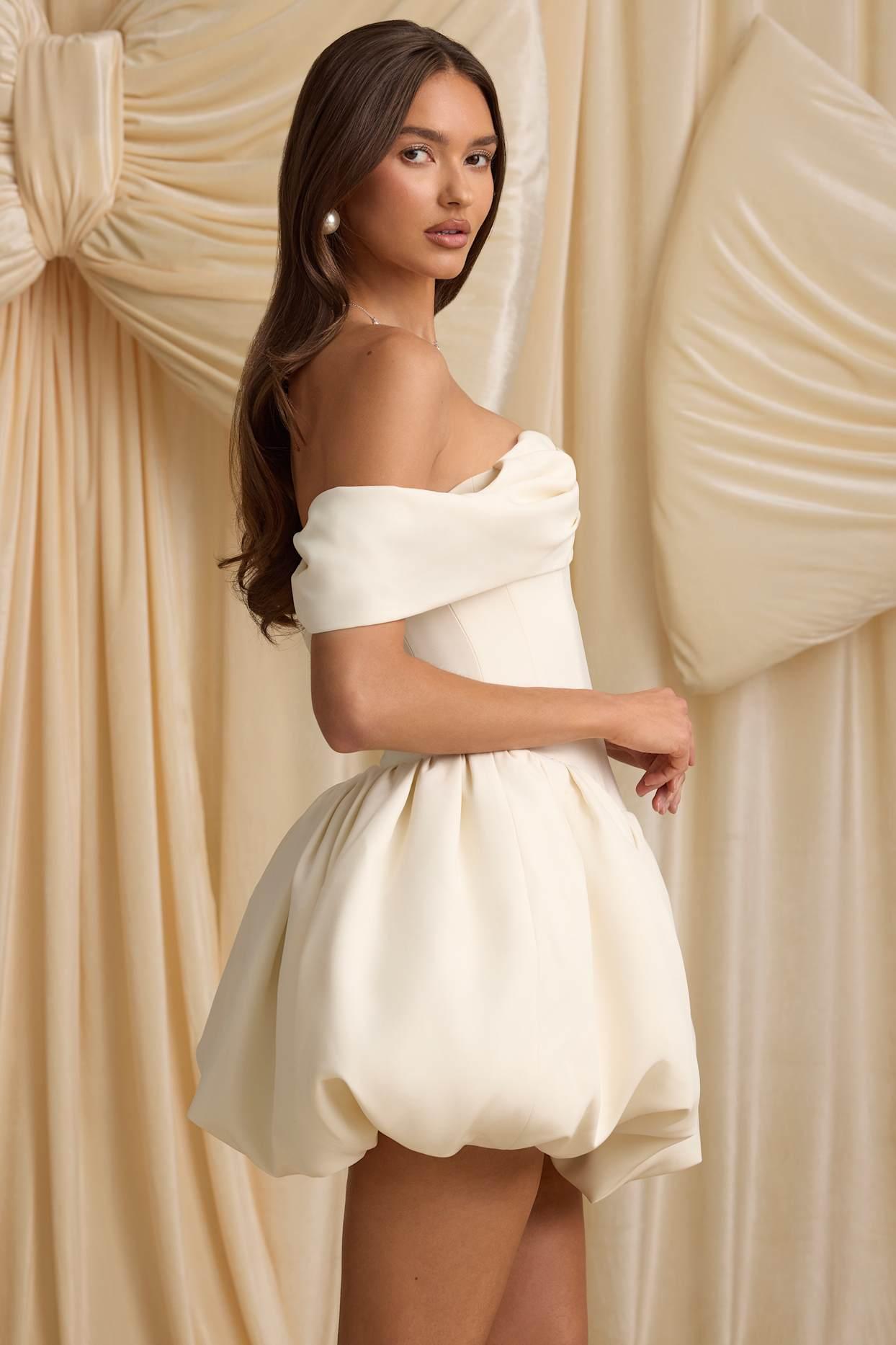 Off-Shoulder Layered Bubble Hem Corset Mini Dress in Ivory Product Image