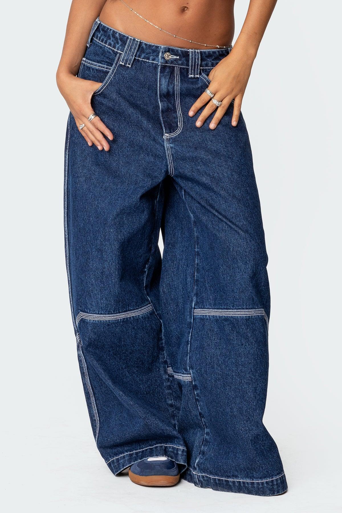 Super Wide Contrast Stitch Low Rise Jeans Product Image