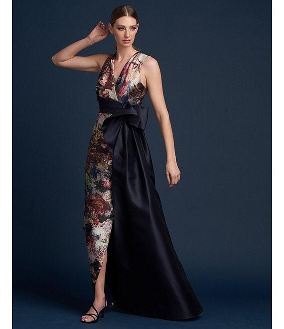 Kay Unger Floral Sleeveless Surplice V-Neck Asymmetrical Bow Empire Waist Tulip Dress Product Image