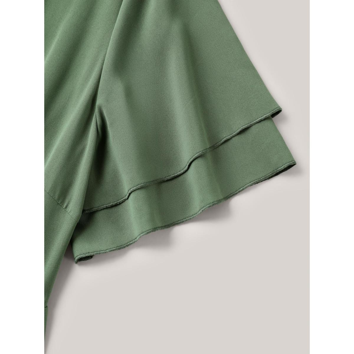 Plus Size Split Neck Tie Layered Sleeve Midi Dress ArmyGreen Women Casual Tie knot V-neck Short sleeve Curvy BloomChic 26/4X Product Image