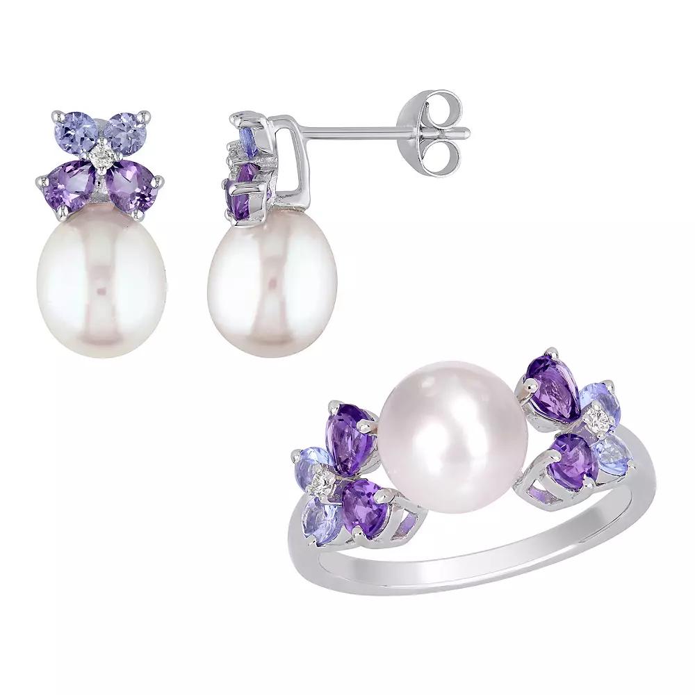Stella Grace Sterling Silver Diamond Accent, Tanzanite, Amethyst & Freshwater Cultured Pearl Earrings & Ring Set, Women's, Size: 5 Product Image