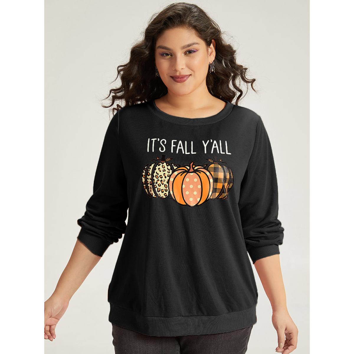 Plus Size Halloween Pumpkin Crew Neck Elastic Cuffs Sweatshirt Women Black Casual Elastic cuffs Festival-Halloween Sweatshirts BloomChic 10/M Product Image